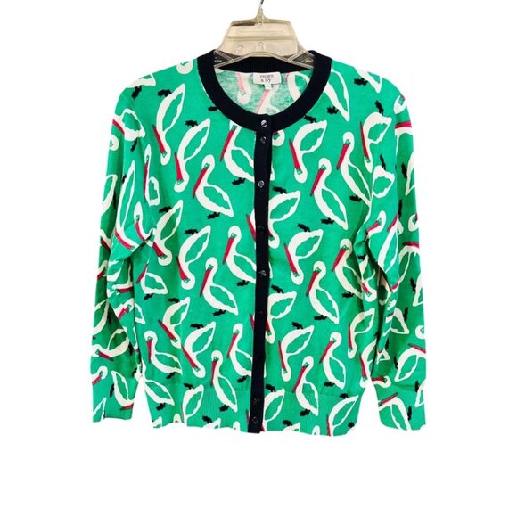 Crown & Ivy Unique Eclectic Pelican Print Cardigan Sweater Green Red Sz Large - Picture 1 of 10